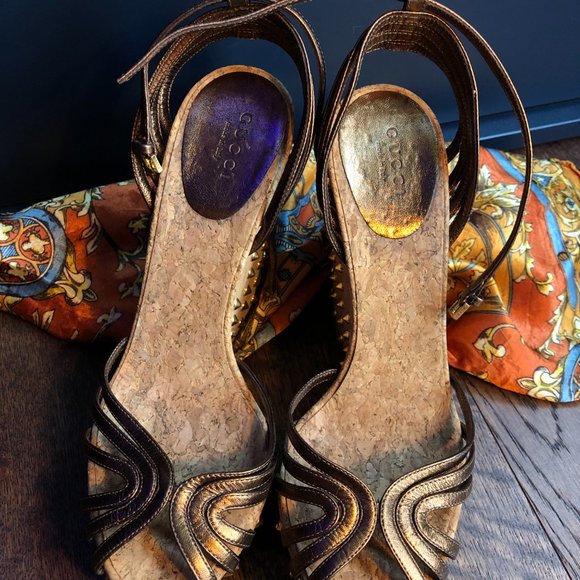 Gucci Brown Leather Studded Cork Wedge Sandals - Picture 6 of 12